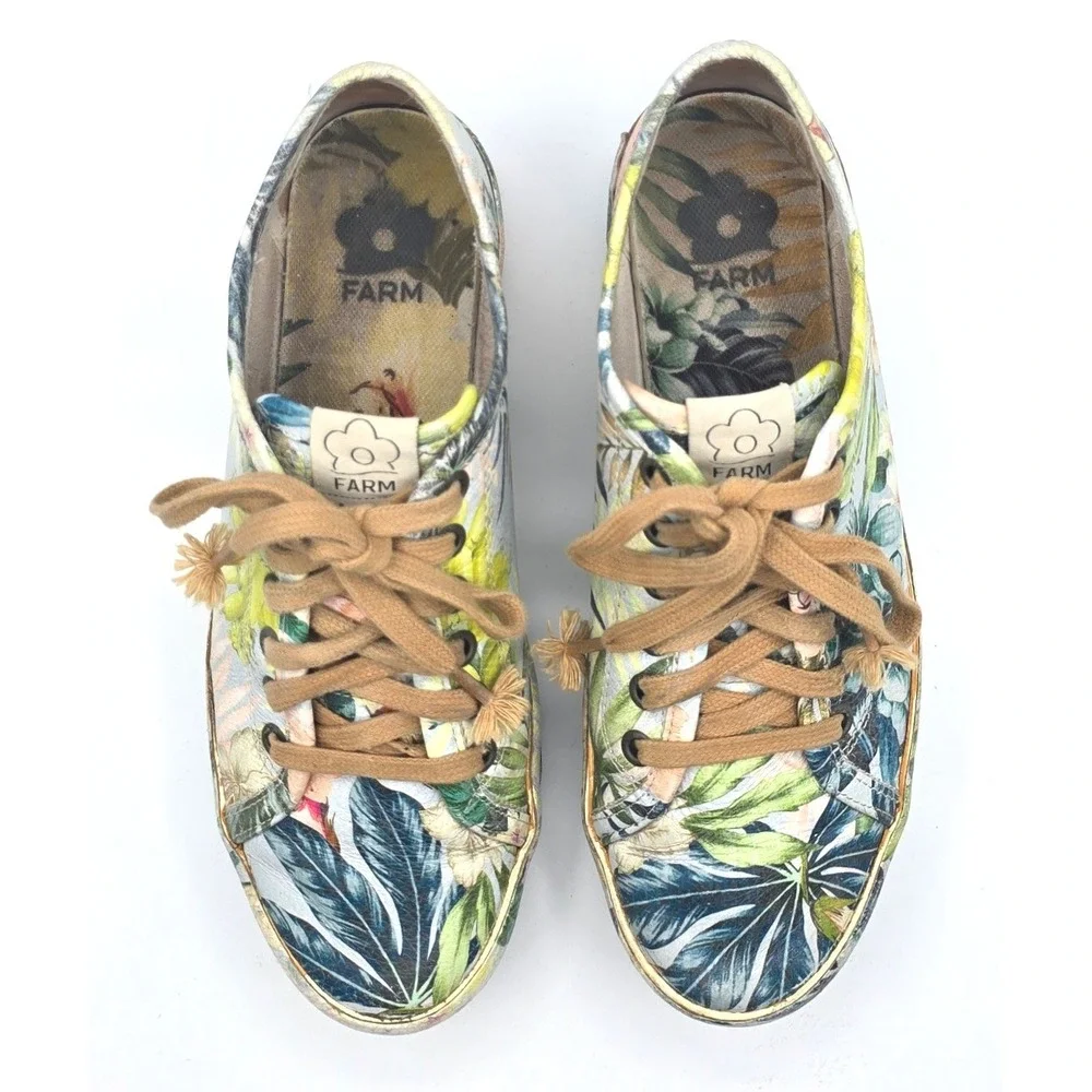 Rare FARM Rio Brazil Tropical Botanical Floral Leather Platform Sneakers 38 US 8